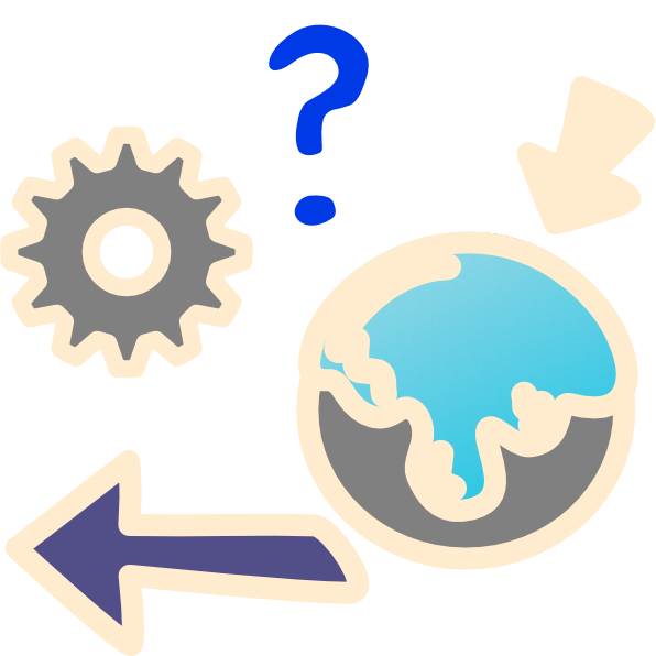 A grey gear with a blue question mark above it sit next to a grey circle. The grey circle has a shiny blue substance dripping down it with an arrow pointing to that substance. In the bottom left corner is a purple arrow pointing left. the image has light line art